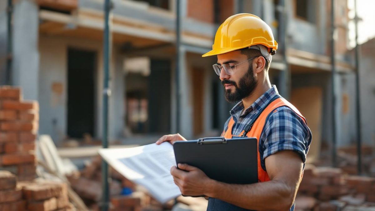 Mestre de obras brasileiro com capacete e prancheta conferindo documentação técnica em canteiro de obra residencial em São Paulo, andaime e tijolos ao fundo