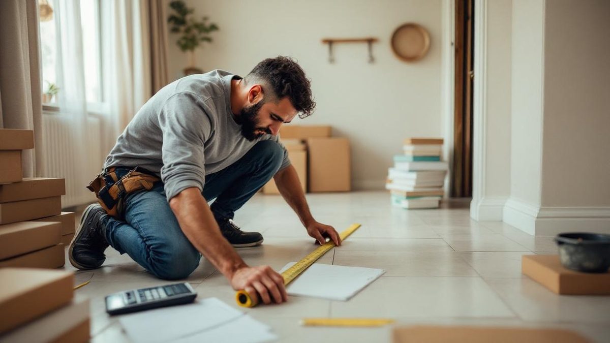 Azulejista brasileiro ajoelhado medindo piso de porcelanato com trena em sala de apartamento em São Paulo, caixas de porcelanato e argamassa ao lado