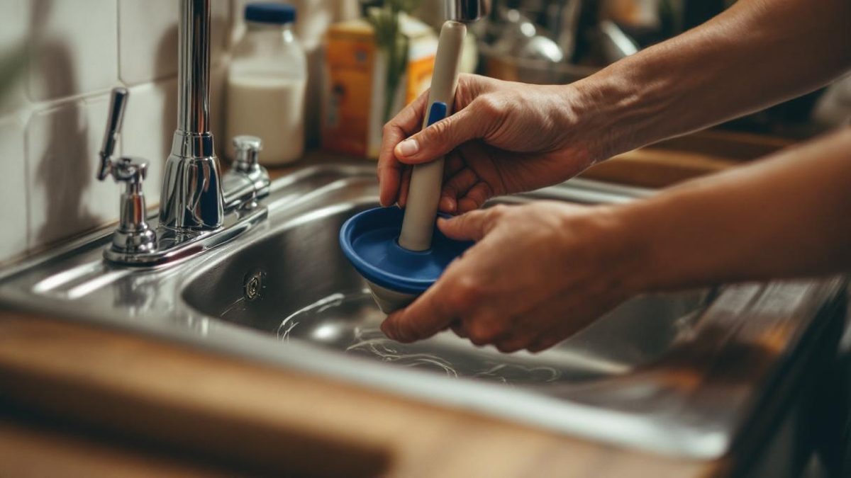 Ralo de banheiro com água acumulada e ferramentas de desentupimento caseiro dispostas ao lado em bancada de apartamento brasileiro