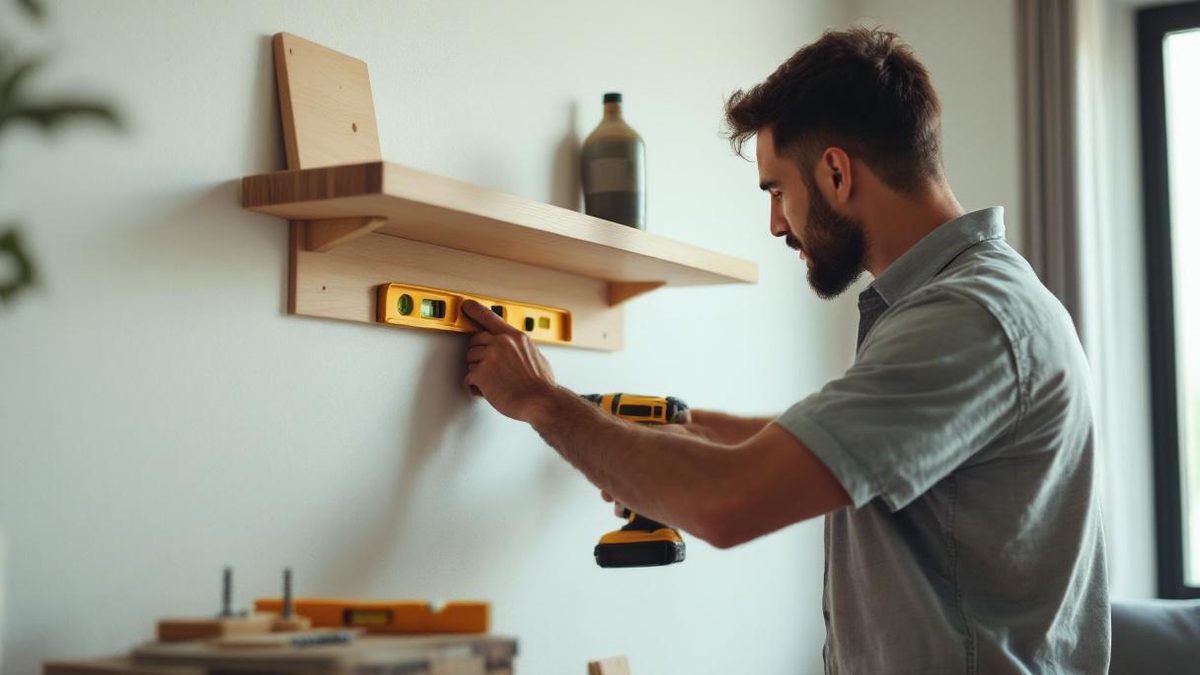 Mulher brasileira usando furadeira para fixar suporte de prateleira em parede branca de apartamento em São Paulo, nível de bolha e trena sobre bancada ao lado