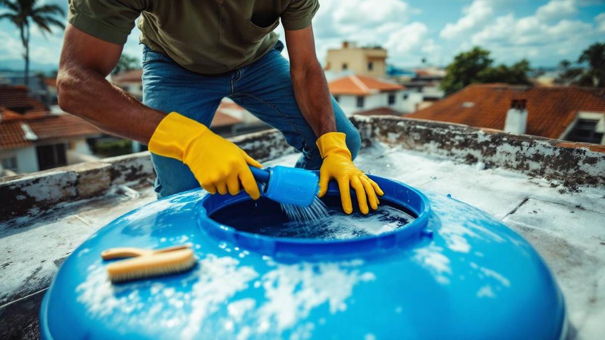 Homem brasileiro com luvas amarelas e óculos de proteção esfregando interior de caixa d'água de polietileno na laje de casa em São Paulo, balde e água sanitária ao lado