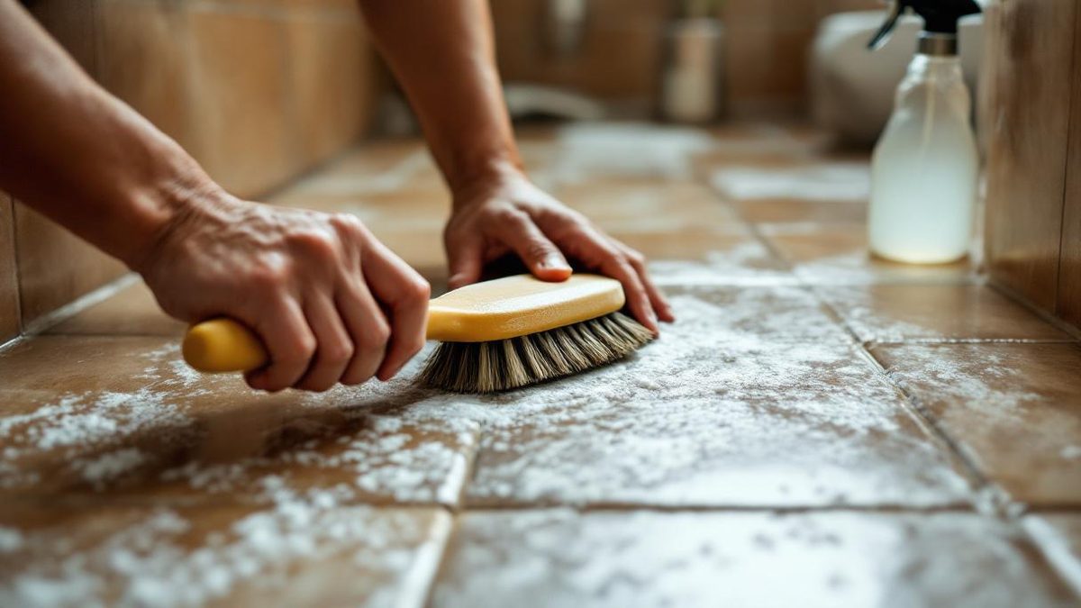 Mão com luva de borracha esfregando rejunte de piso cerâmico branco com escova pequena em banheiro de apartamento brasileiro em São Paulo