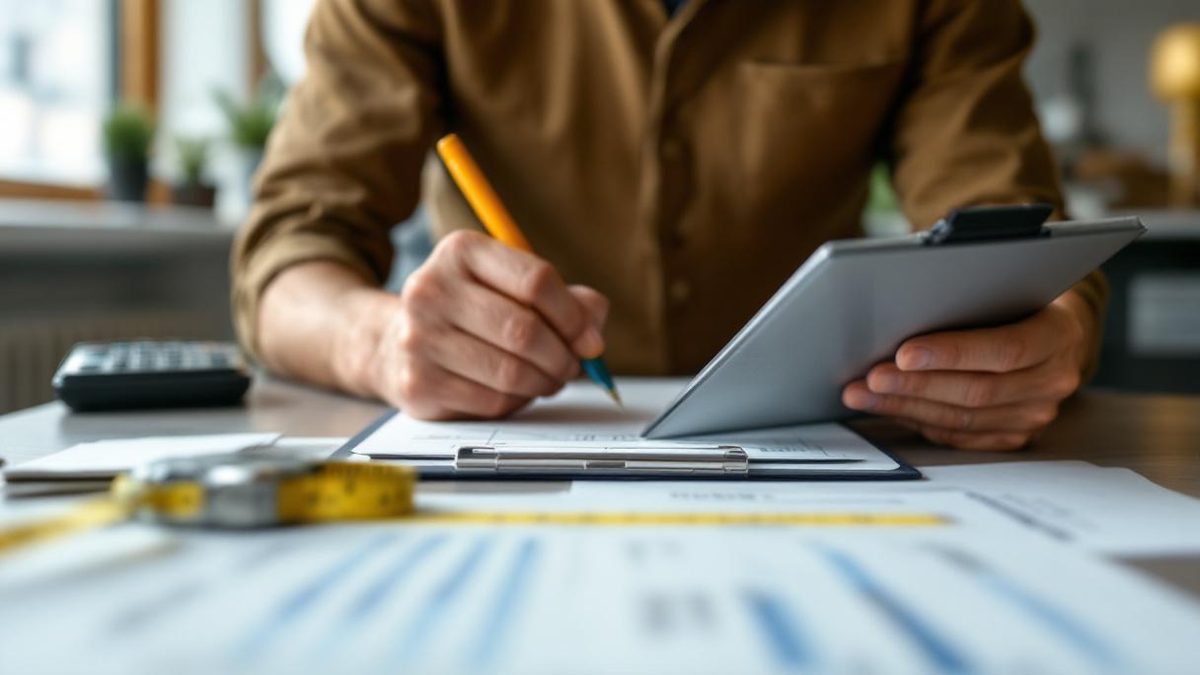 Profissional brasileiro de manutenção residencial com prancheta e calculadora fazendo orçamento em apartamento reformado em São Paulo