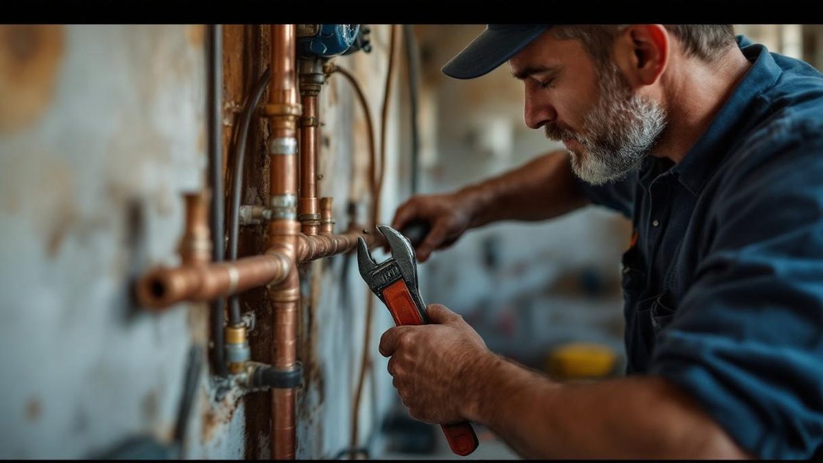 Encanador brasileiro profissional com chave de grifo ajustando tubulação de cobre em obra residencial em Belo Horizonte, ferramentas organizadas ao lado