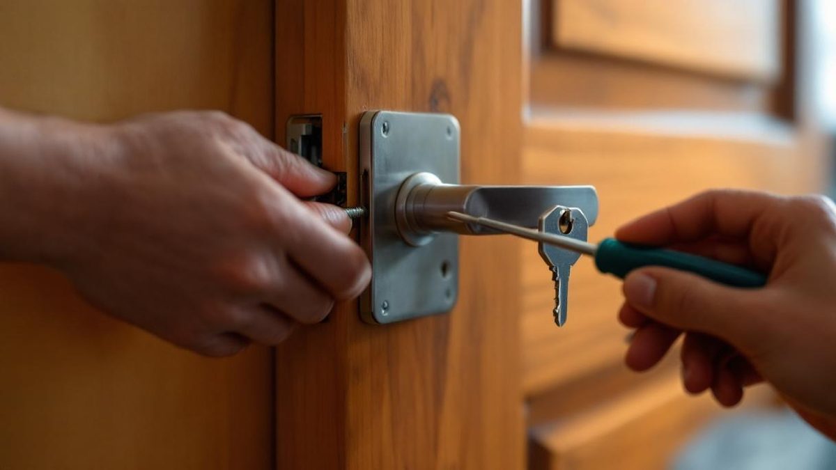 Mãos usando chave Phillips para remover parafusos de fechadura em porta de madeira de apartamento em São Paulo, chave e fechadura nova sobre mesa ao lado