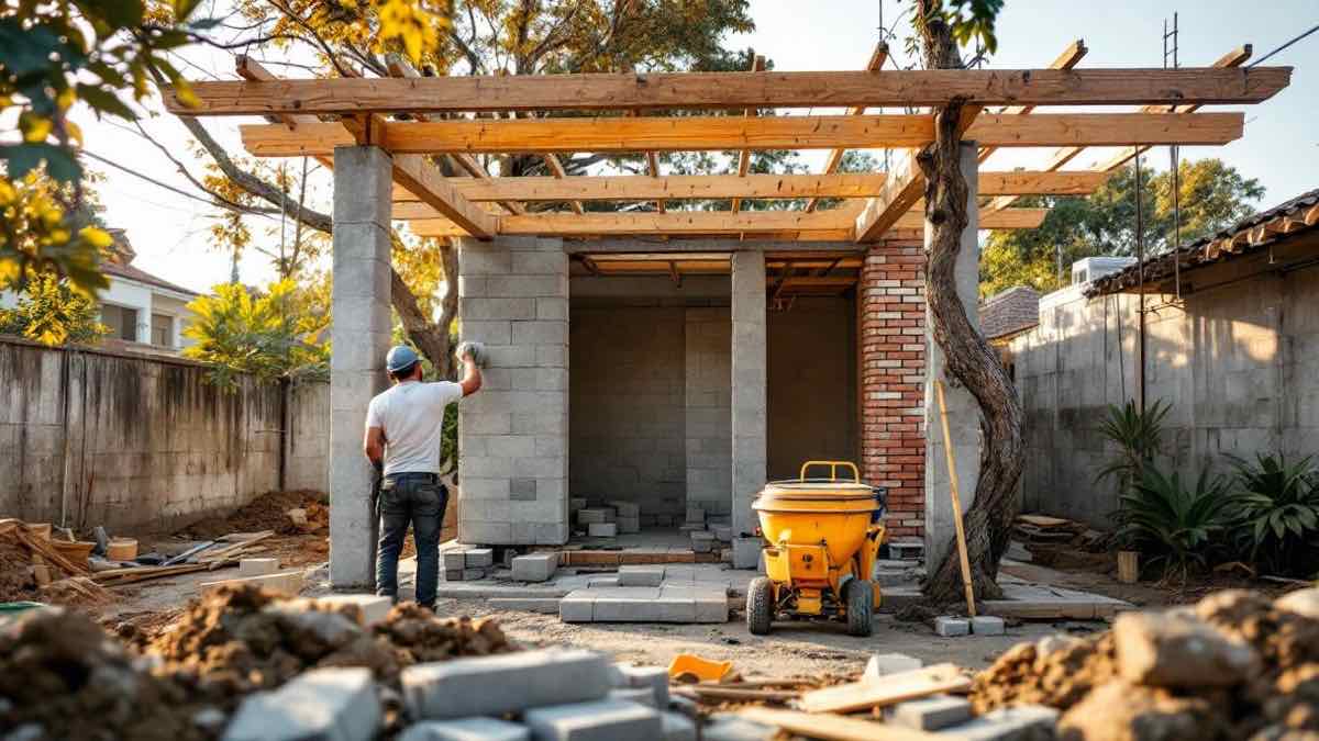 Pedreiro brasileiro levantando paredes de bloco cerâmico em edícula em construção no quintal de casa residencial em São Paulo, com pilares de concreto armado, treliças de madeira do telhado sendo montadas e betoneira ao fundo sob luz natural da tarde