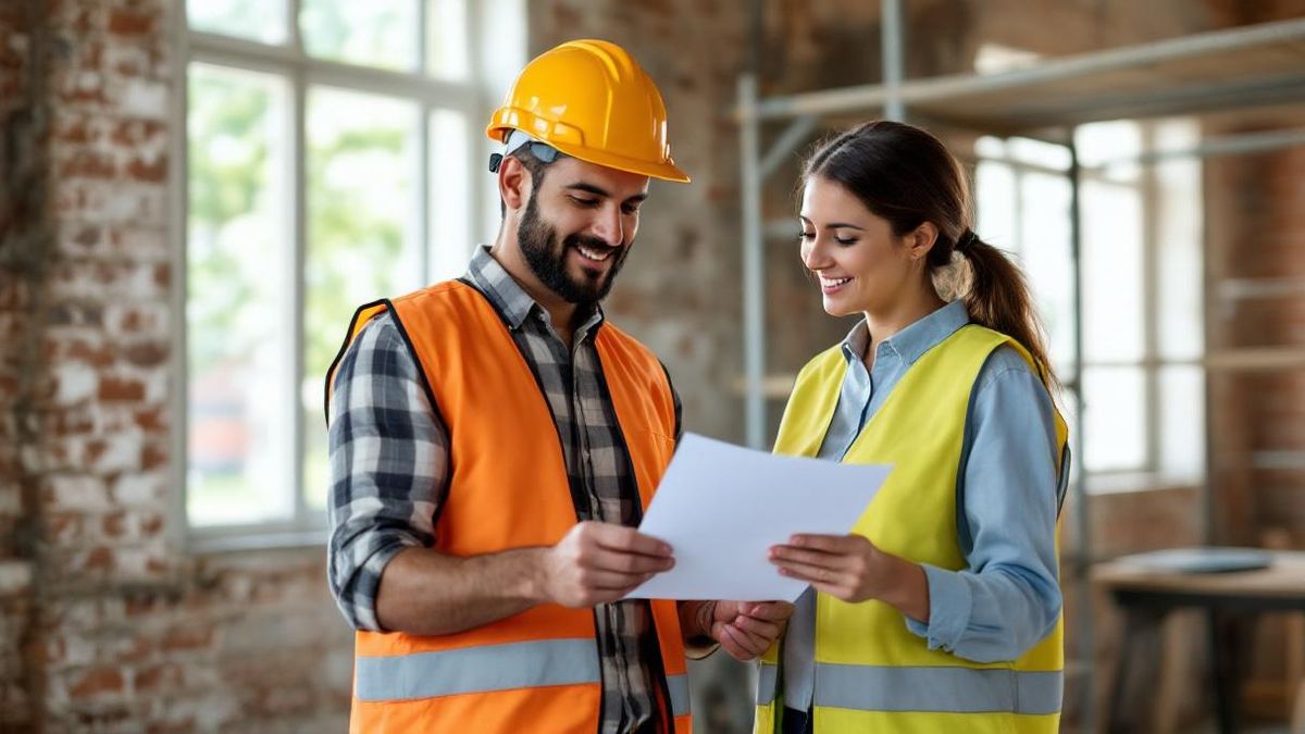 Pedreiro brasileiro com capacete de segurança apresentando nota fiscal a proprietária em obra de reforma residencial em São Paulo