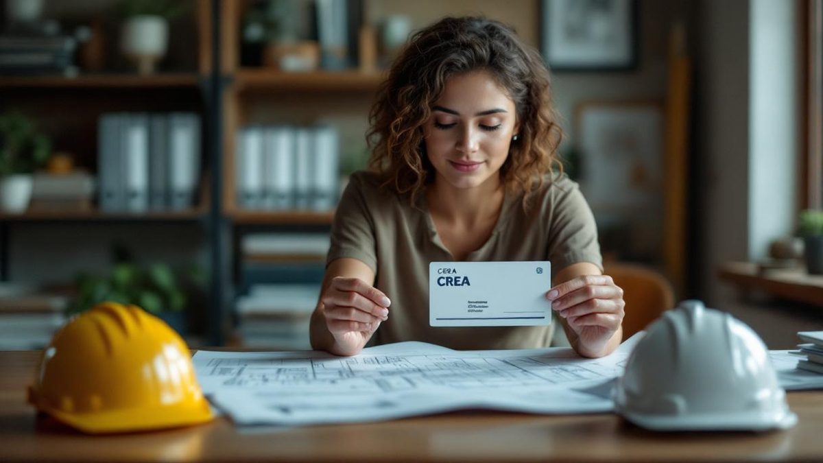 Engenheira civil brasileira segurando carteira profissional do CREA em escritório de engenharia em São Paulo, projetos e capacete na mesa