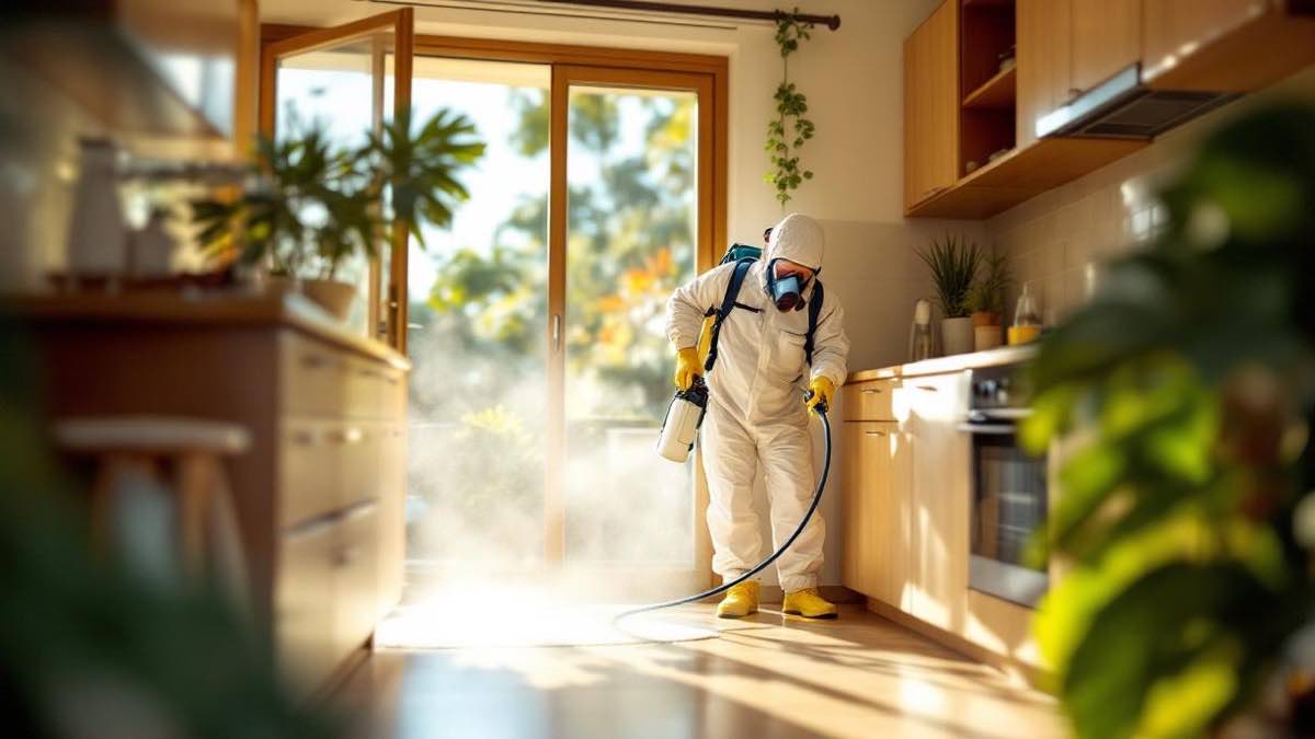 Profissional brasileiro de controle de pragas com traje branco de proteção e respirador pulverizando inseticida em rodapé de cozinha de apartamento em Salvador, luz natural de verão entrando pela janela