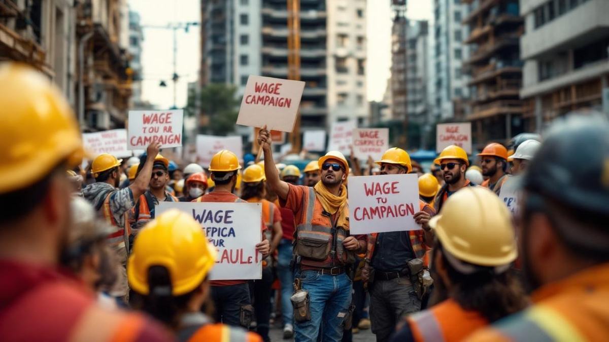Trabalhadores brasileiros da construção civil reunidos em assembleia sindical ao ar livre em São Paulo, com faixas e cartazes de campanha salarial