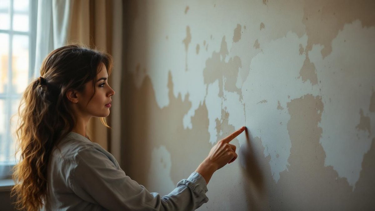 Proprietária brasileira conferindo parede com infiltração em apartamento de São Paulo, expressão preocupada, marca de umidade visível na pintura
