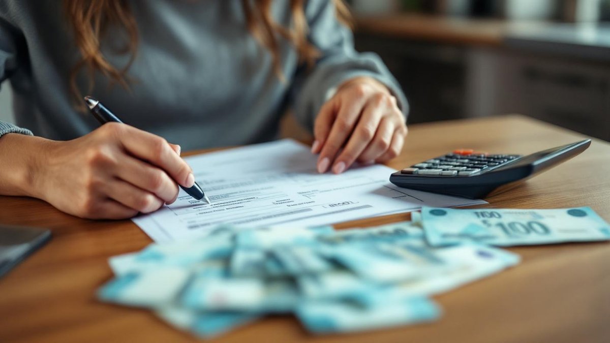 Proprietária brasileira conferindo guia de recolhimento do INSS com calculadora em mesa de cozinha em São Paulo, documentos e notas de real visíveis