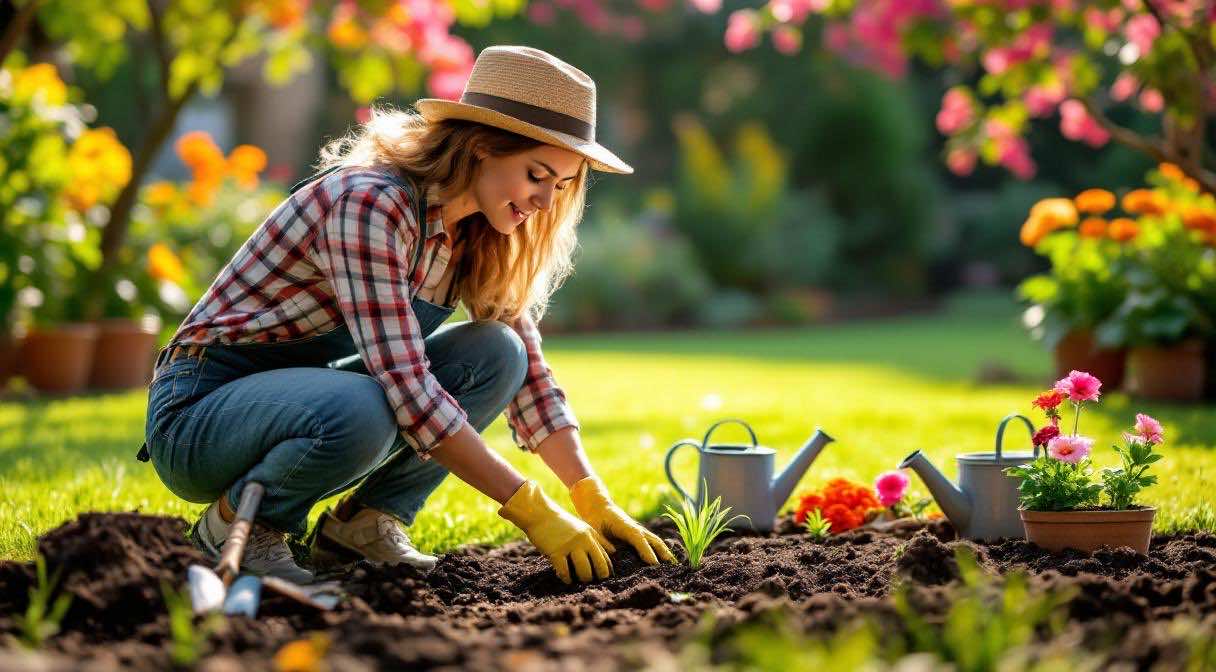Mulher brasileira plantando mudas de flores coloridas em canteiro de jardim residencial em Porto Alegre, manhã de primavera com sol suave e jacarandá ao fundo