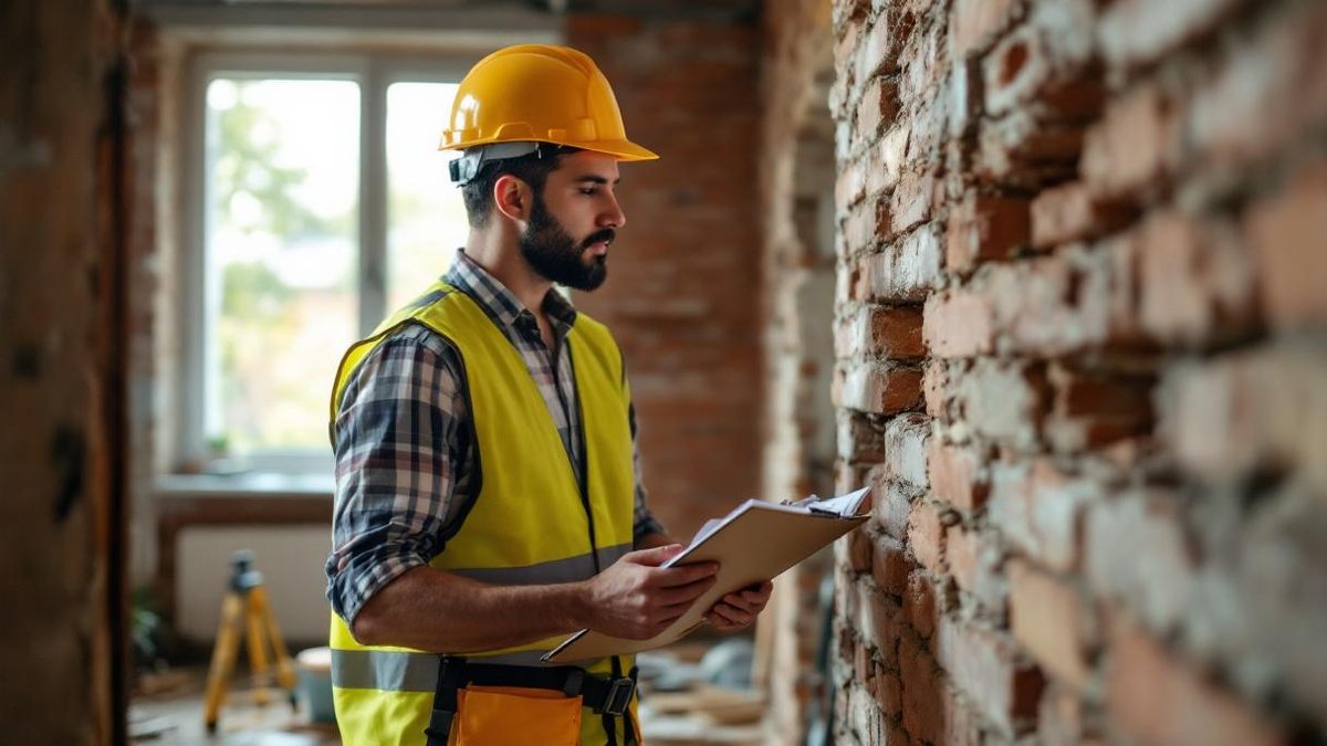 Engenheiro civil brasileiro com capacete e prancheta analisando parede de alvenaria durante vistoria em apartamento de Belo Horizonte, luz natural pela janela