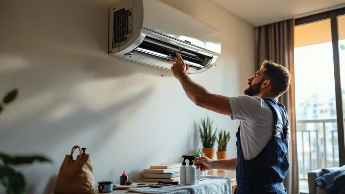 Técnico brasileiro de climatização realizando manutenção em ar-condicionado split na parede de sala de estar de apartamento em São Paulo, removendo e limpando o filtro, ferramentas e produtos de limpeza sobre pano no chão, luz de verão entrando pela porta da varanda