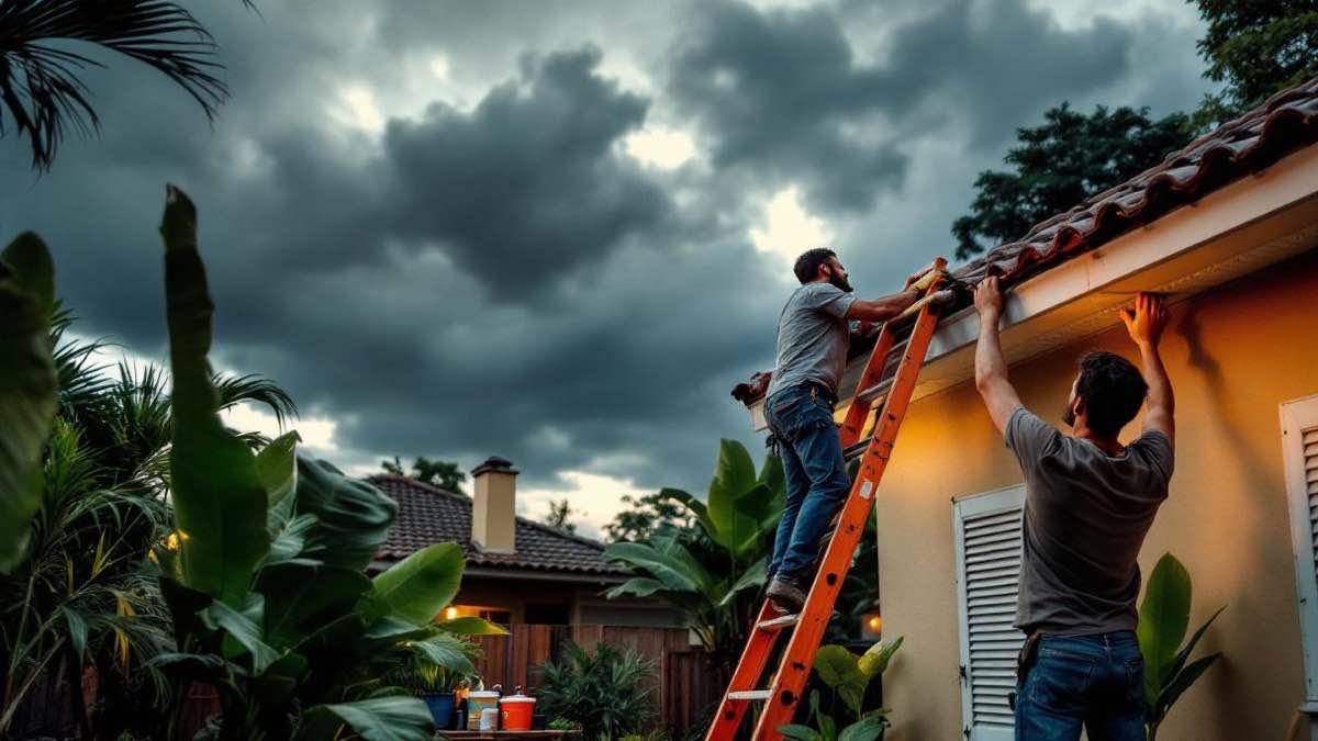 Morador brasileiro subindo escada para inspecionar calha e telhas cerâmicas antes da temporada de chuvas em bairro residencial de São Paulo, nuvens escuras se formando ao fundo, jardim com plantas tropicais, ferramentas e produtos de vedação no chão