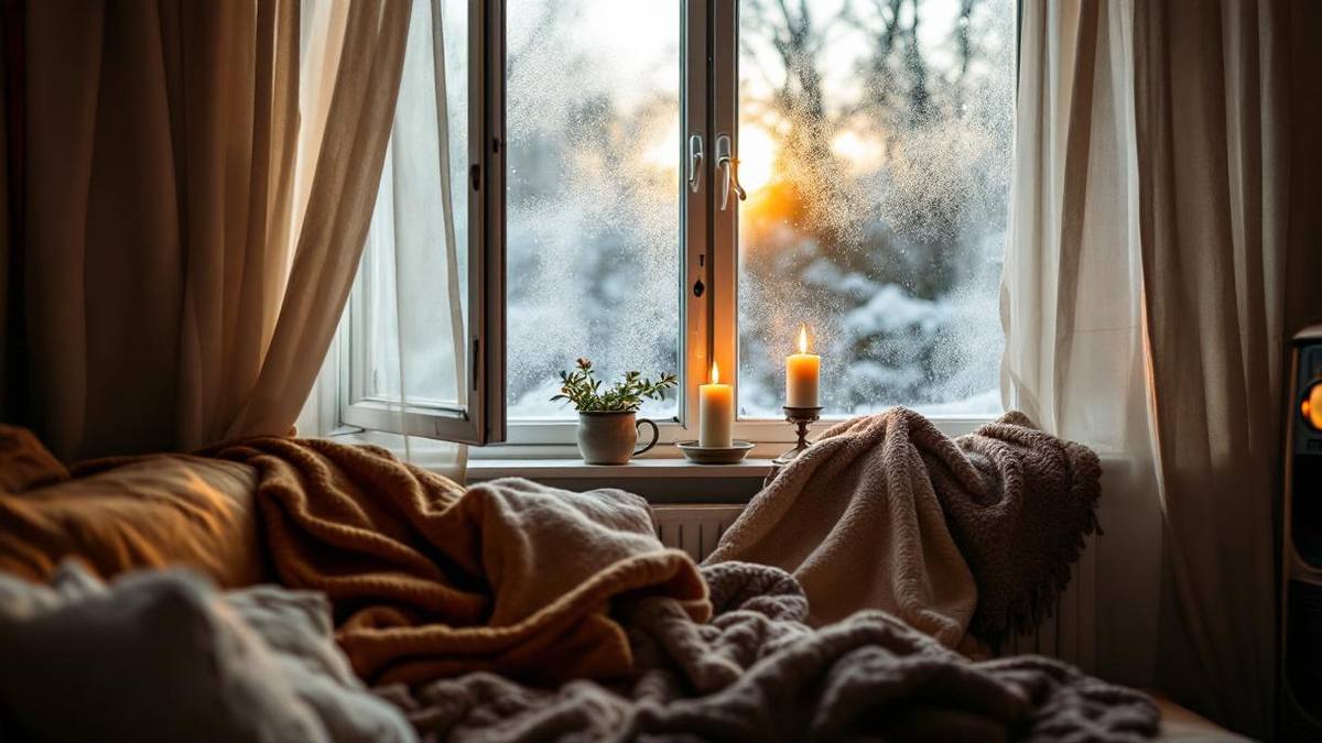 Morador brasileiro em sala de estar aconchegante em Porto Alegre durante o inverno, verificando vedação de janela com teste da vela, cobertores sobre o sofá, aquecedor portátil visível, condensação nos vidros, luz fria da manhã entrando pelas cortinas