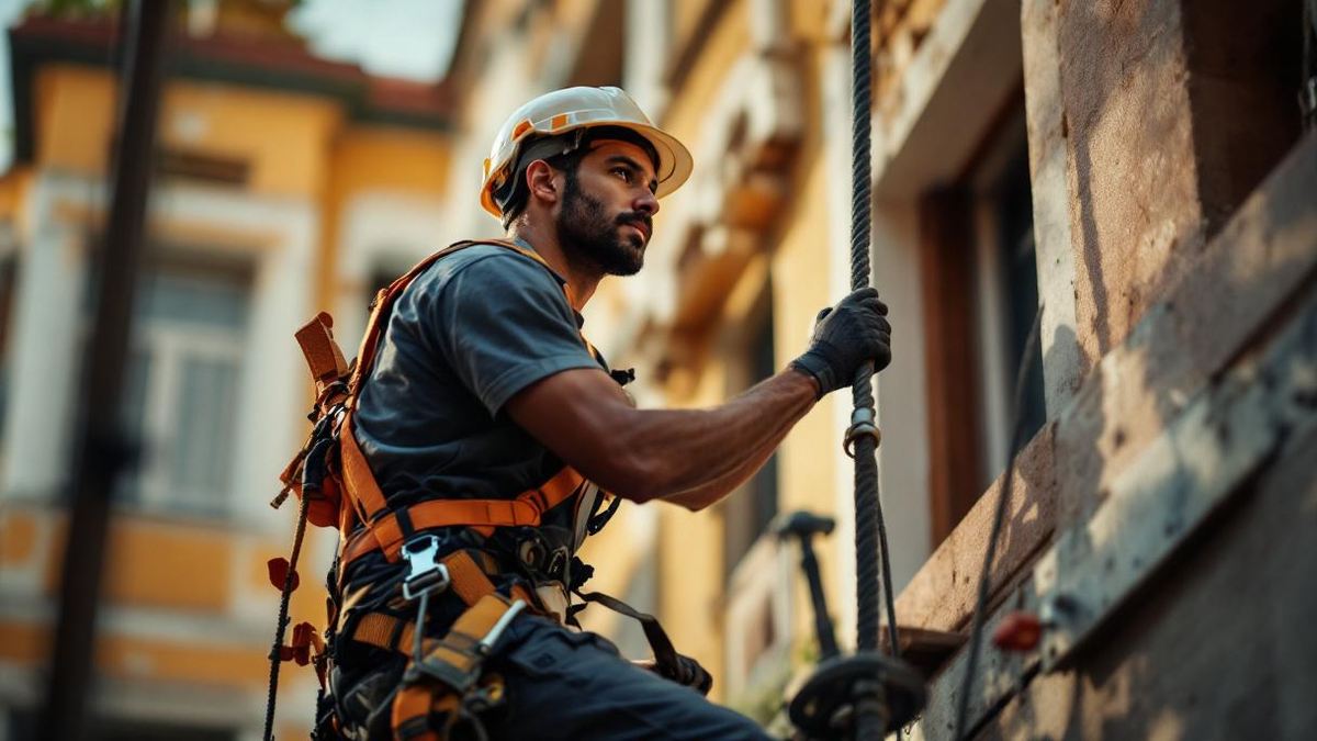 Trabalhador brasileiro com cinto de segurança tipo paraquedista e capacete trabalhando em andaime de obra residencial em São Paulo
