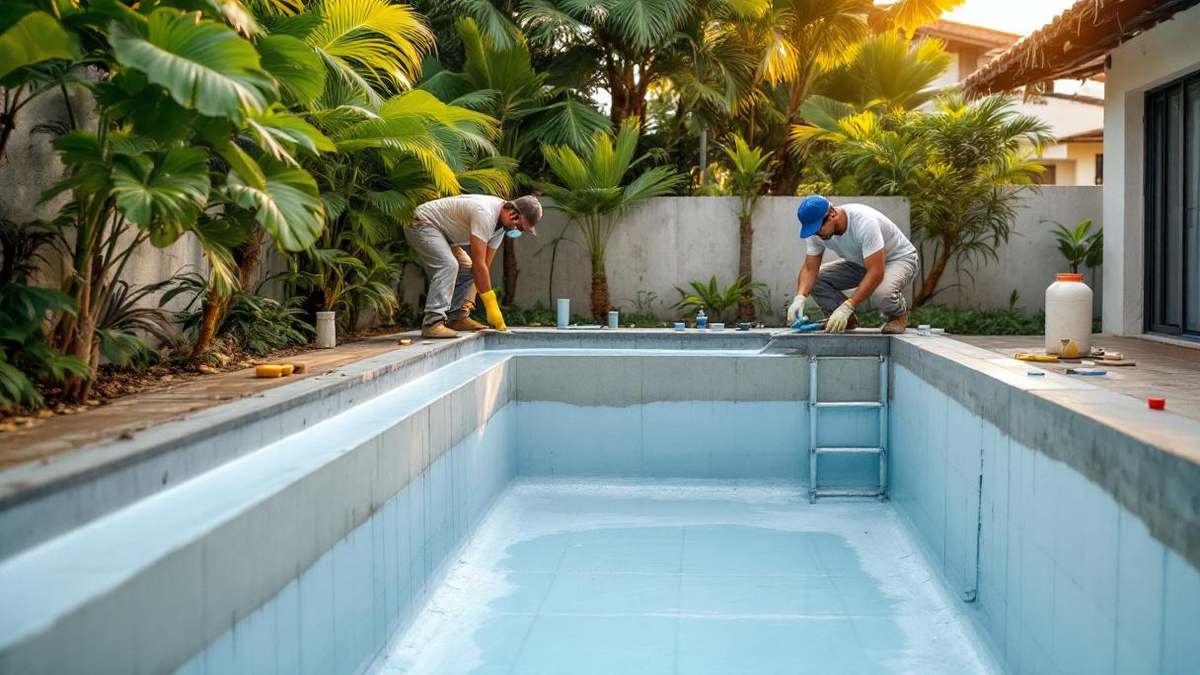 Canteiro de obras de piscina residencial em São Paulo com armação de ferro exposta, operários concretando a estrutura e quintal tropical ao fundo