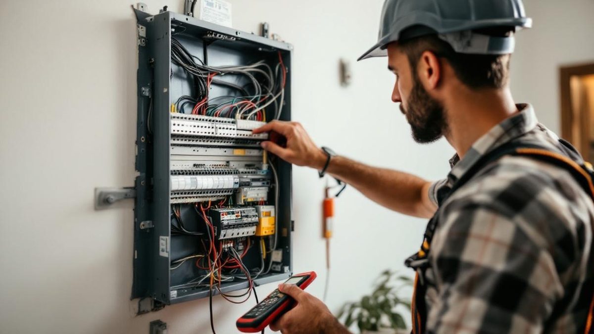 Eletricista brasileiro com multímetro verificando quadro de distribuição em apartamento de São Paulo, disjuntores e fiação visíveis
