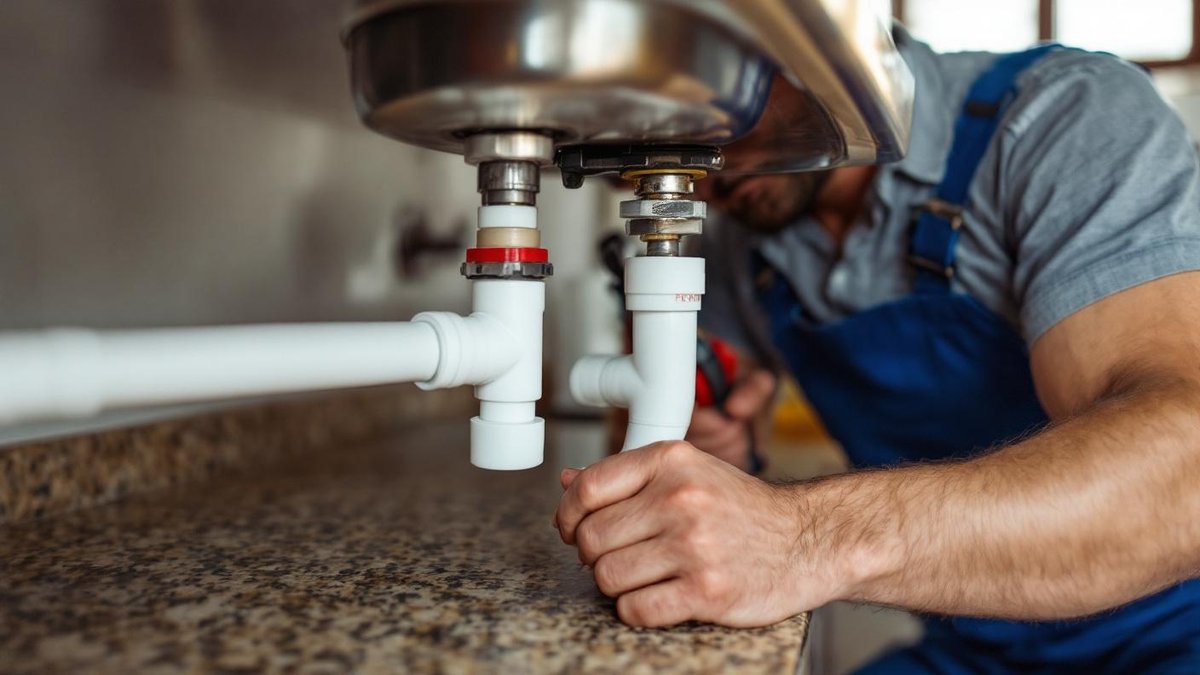 Encanador brasileiro trabalhando sob pia de cozinha em apartamento de São Paulo, substituindo tubulação PVC com ferramentas espalhadas ao redor