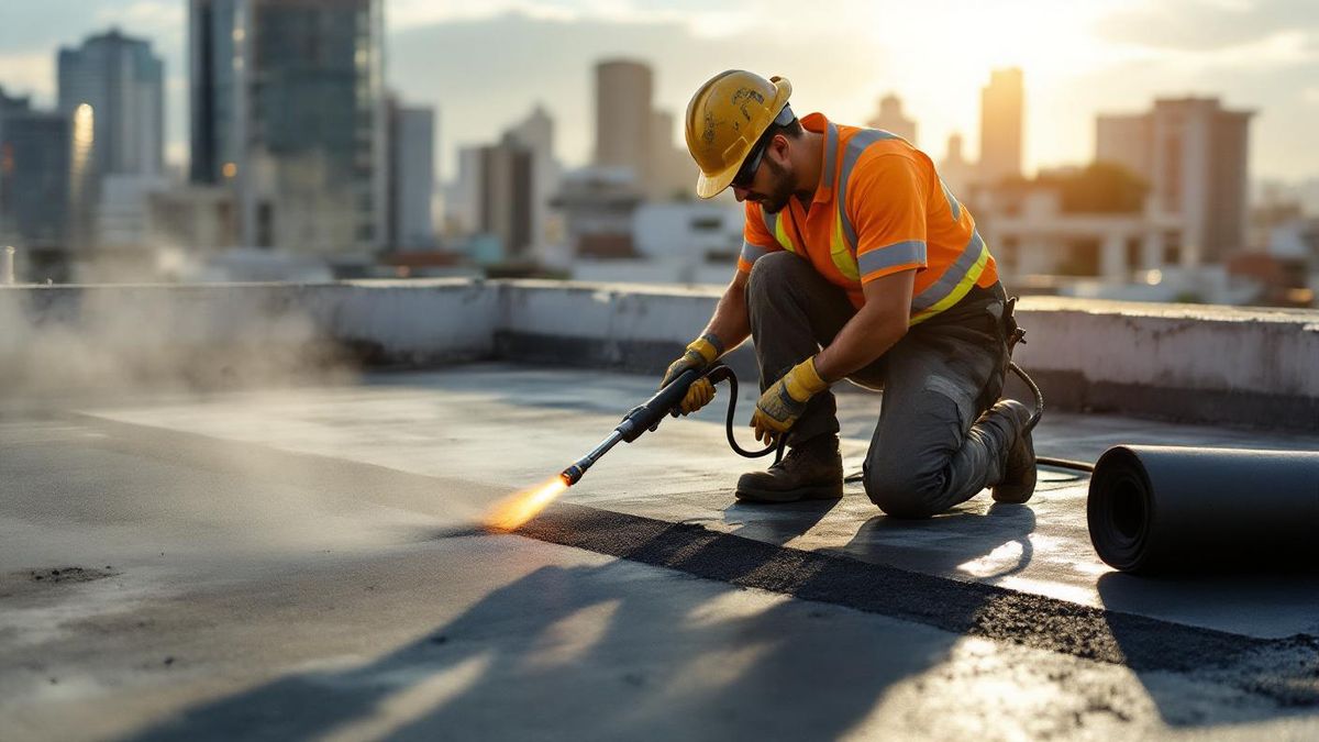 Impermeabilizador brasileiro aplicando manta asfáltica com maçarico em laje descoberta de edifício em São Paulo, sol forte e skyline ao fundo