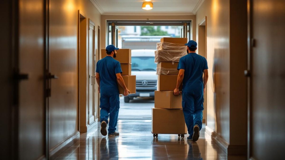 Trabalhadores brasileiros de uniforme azul carregando caixas de papelão e móveis embalados no corredor de prédio em São Paulo, caminhão de mudança visível na entrada