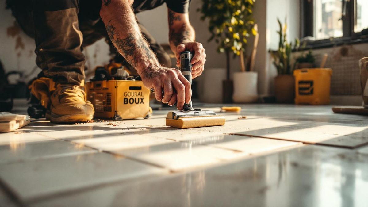 Azulejista brasileiro assentando porcelanato branco retificado no piso de sala em apartamento de São Paulo, argamassa colante e ferramentas ao redor