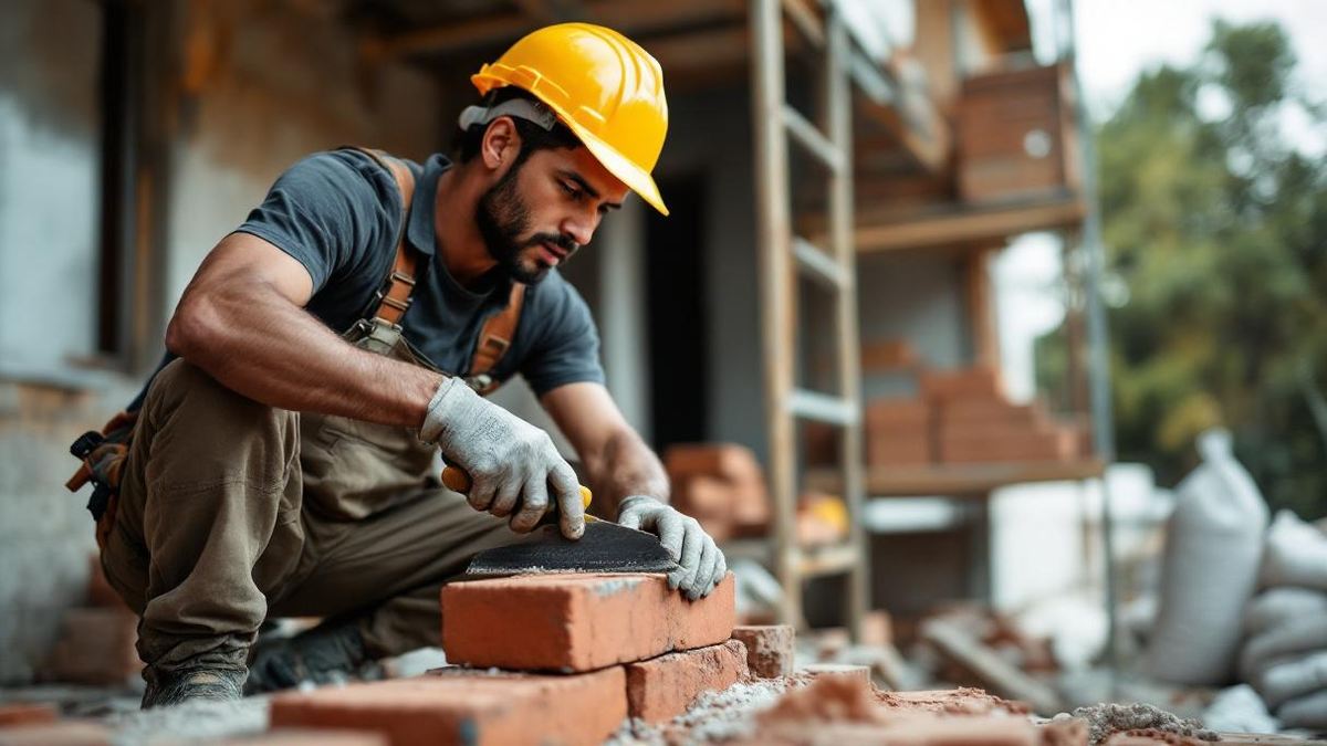 Pedreiro brasileiro com capacete amarelo e colher de pedreiro assentando tijolos em obra residencial em São Paulo, andaime e sacos de cimento ao fundo