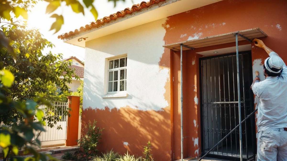 Pintor brasileiro em andaime aplicando textura na parede externa de casa residencial em São Paulo, fachada com tinta branca e terracota, portão de ferro novo sendo instalado ao fundo, dia ensolarado