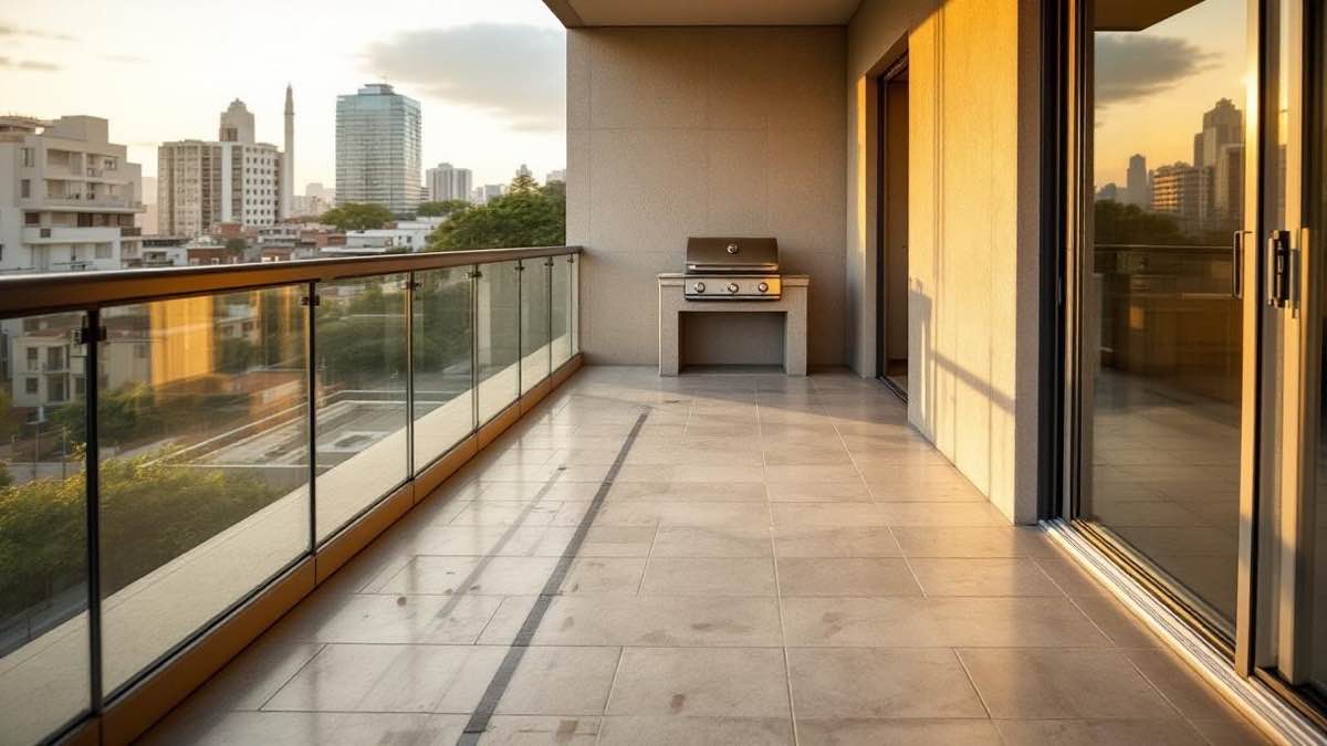 Varanda de apartamento em Belo Horizonte em reforma, porcelanato antiderrapante sendo instalado no piso, painéis de vidro temperado encaixados na estrutura, área de churrasqueira ao fundo e vista da cidade com luz dourada da tarde