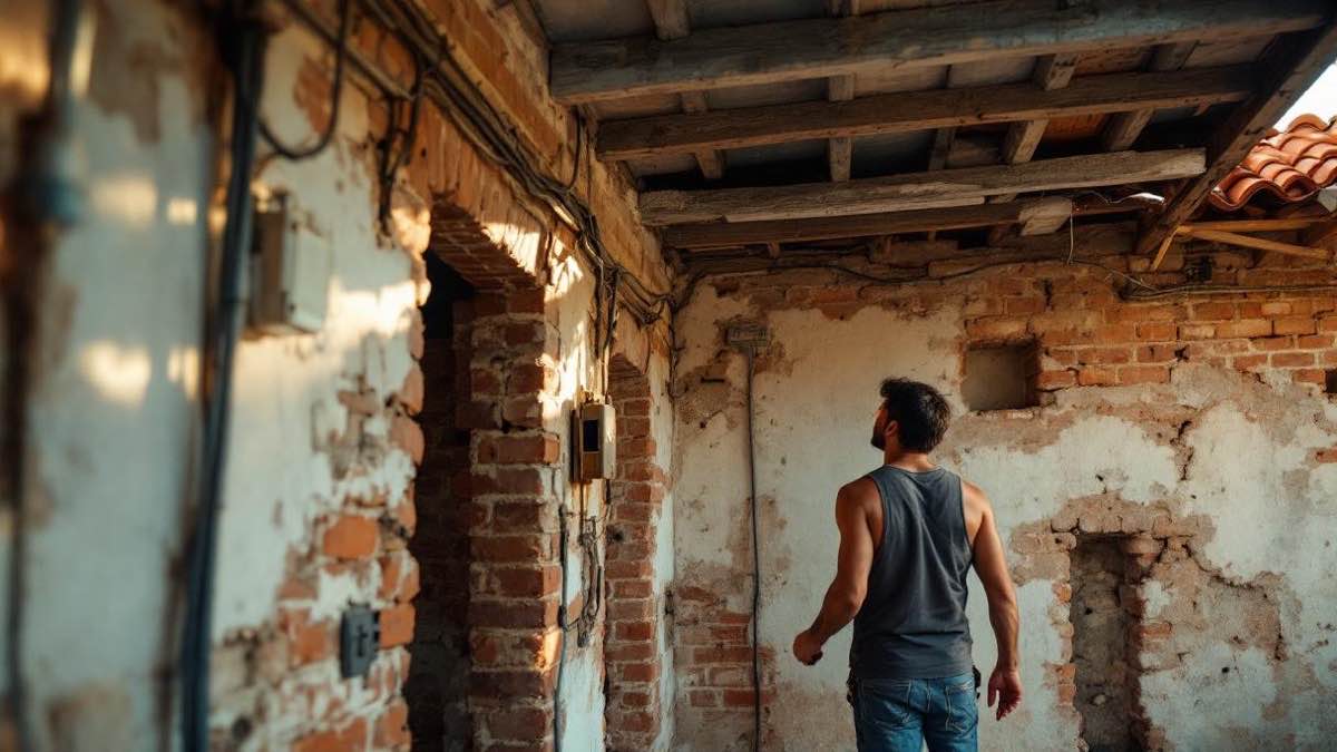 Casa antiga em estilo colonial brasileiro em Salvador passando por reforma, com paredes de tijolos expostos sendo restauradas, eletrodutos novos ao lado do reboco original e trabalhador removendo telhas para inspecionar vigas de madeira sob luz dourada da manhã