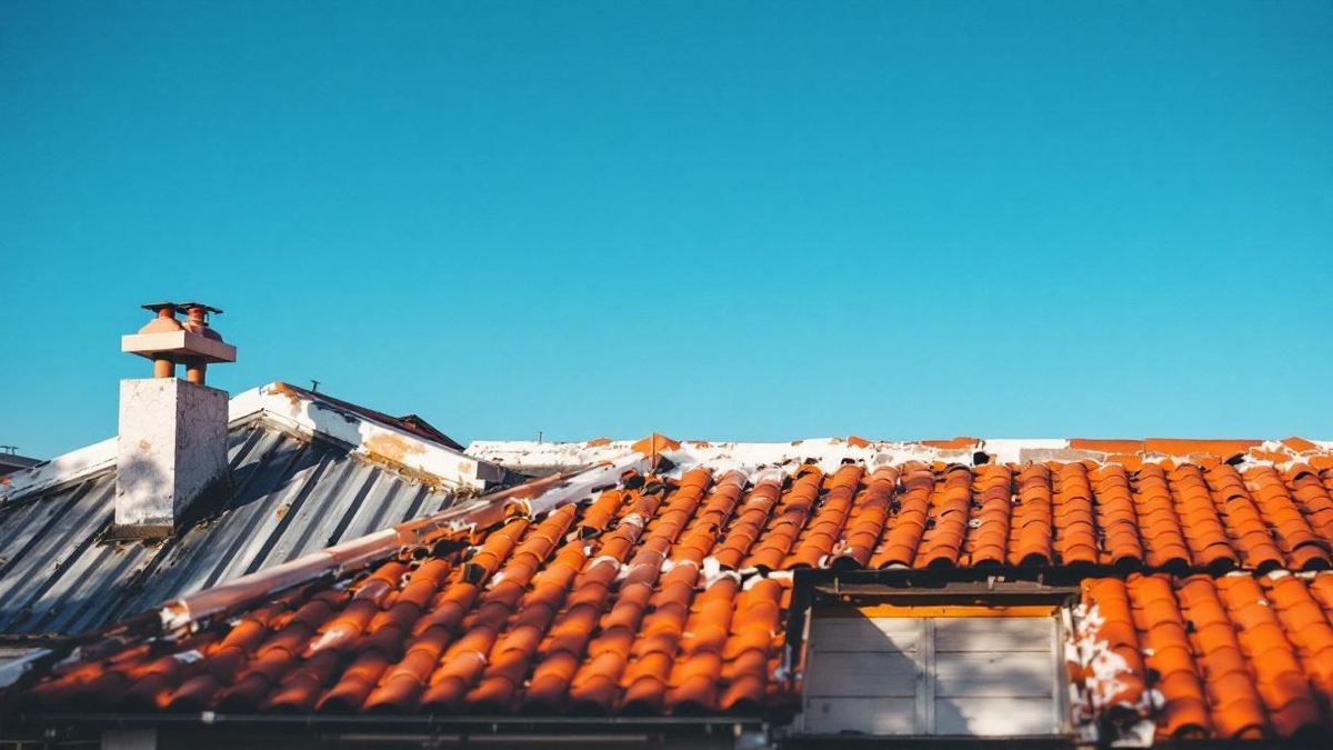 Telhado de casa brasileira dividido ao meio: lado esquerdo com telhas cerâmicas coloniais vermelhas e lado direito com telhas metálicas galvalume, estrutura de madeira visível