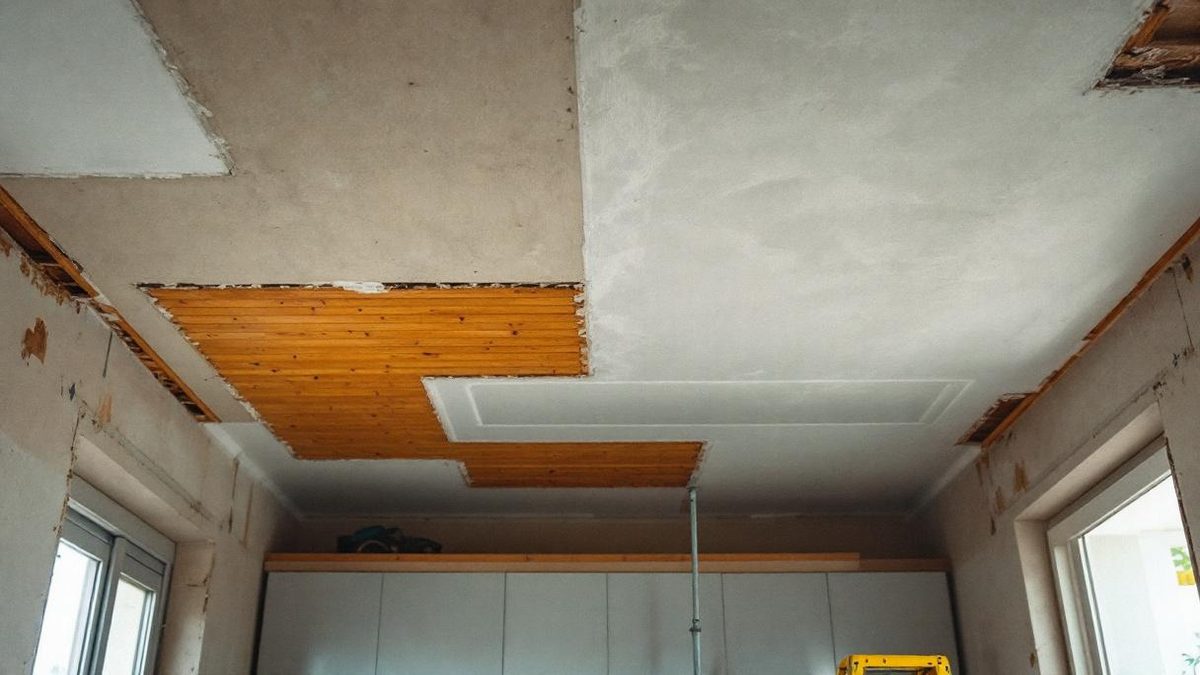 Gesseiro brasileiro instalando forro de gesso acartonado em sala de estar de apartamento em São Paulo, perfis metálicos e ferramentas de corte ao redor