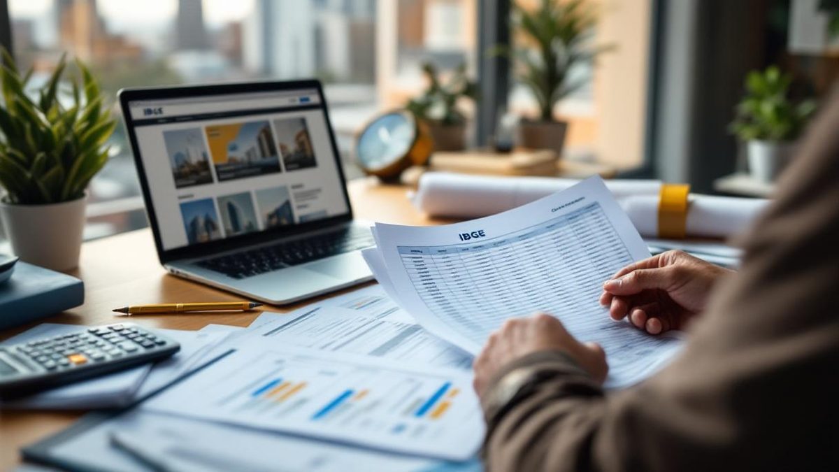 Engenheiro brasileiro analisando planilhas de custos SINAPI em escritório em Porto Alegre, laptop com site do IBGE ao fundo e plantas de obra na mesa