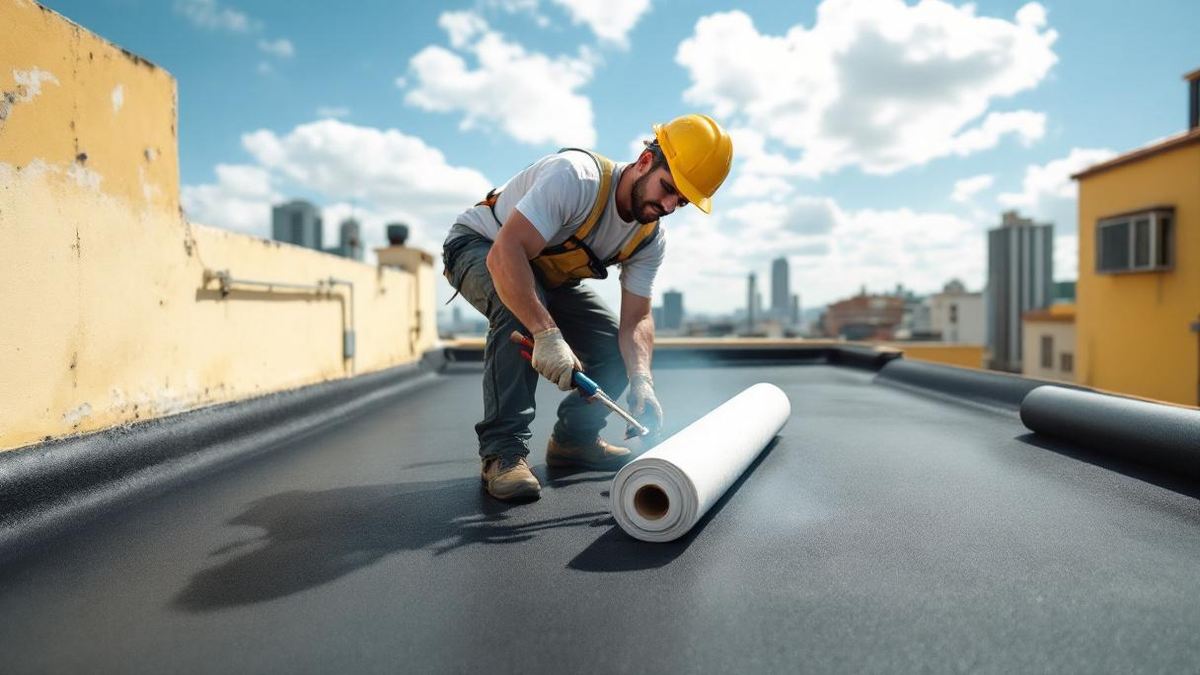 Trabalhador brasileiro aplicando manta asfáltica com maçarico em laje residencial em São Paulo, rolo de manta ao lado e horizonte da cidade ao fundo