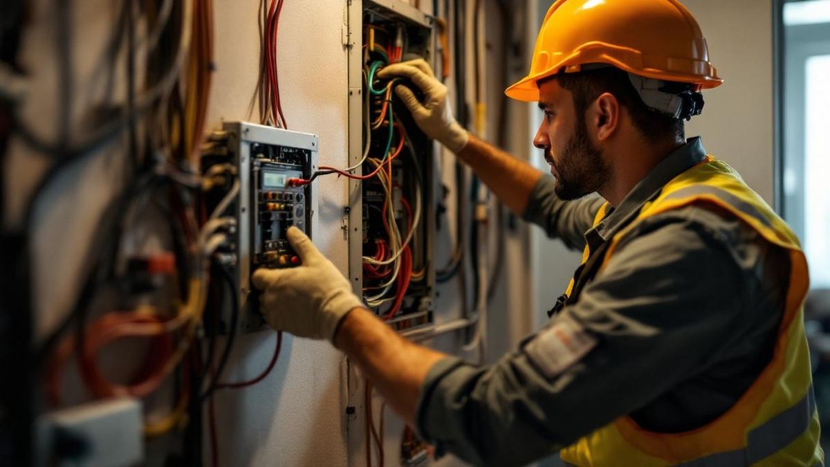 Eletricista brasileiro com equipamento de segurança instalando quadro de disjuntores moderno em apartamento em São Paulo, fiação organizada por cores