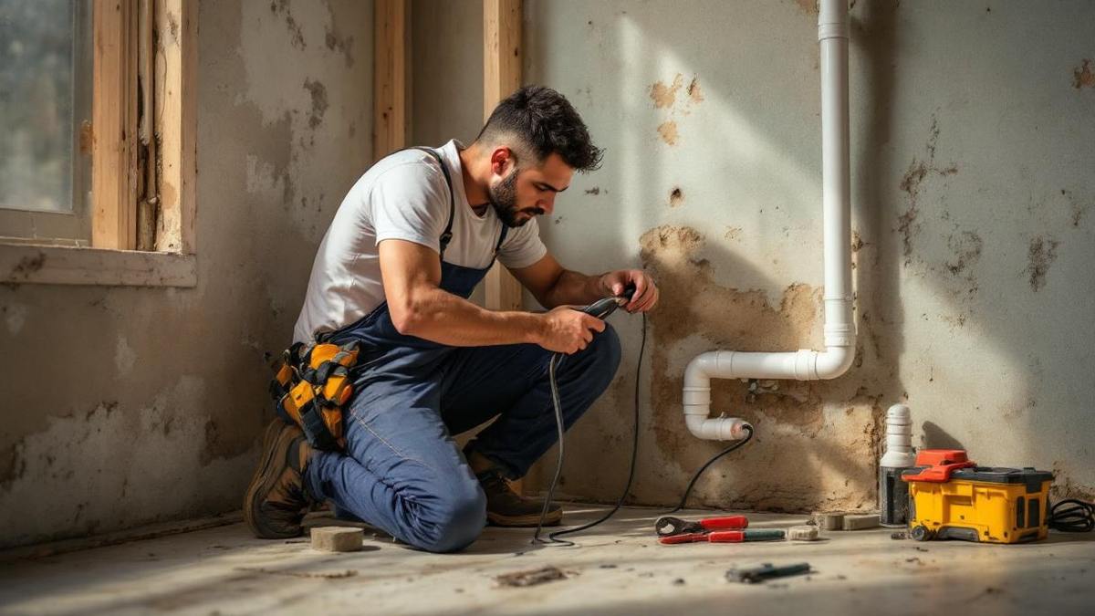 Encanador brasileiro instalando tubulação PPR de água quente em banheiro em construção em Salvador, layout de tubos visível na parede exposta