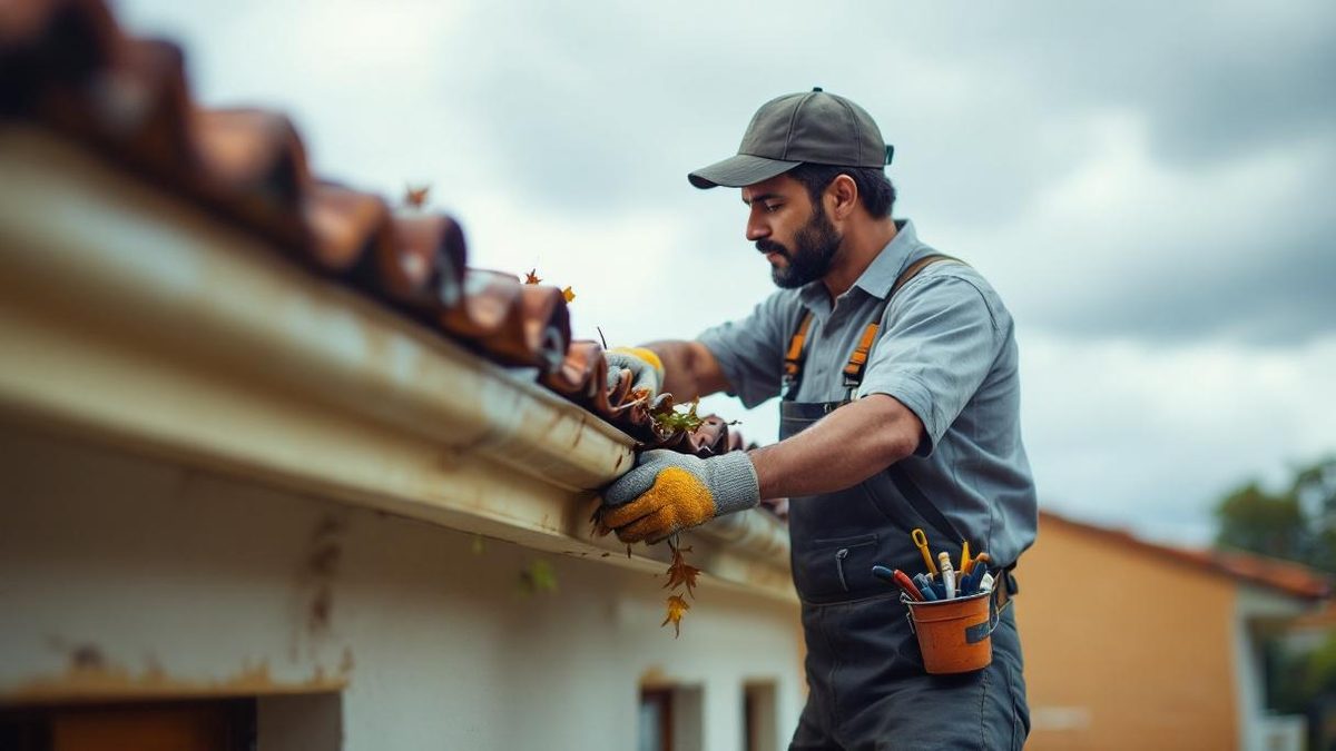 Proprietário brasileiro inspecionando calhas no telhado de casa em Porto Alegre antes do período de chuvas, limpando folhas com luvas de trabalho